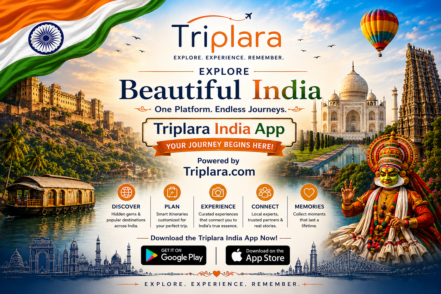 Triplara India app poster showing Indian destinations and travel features