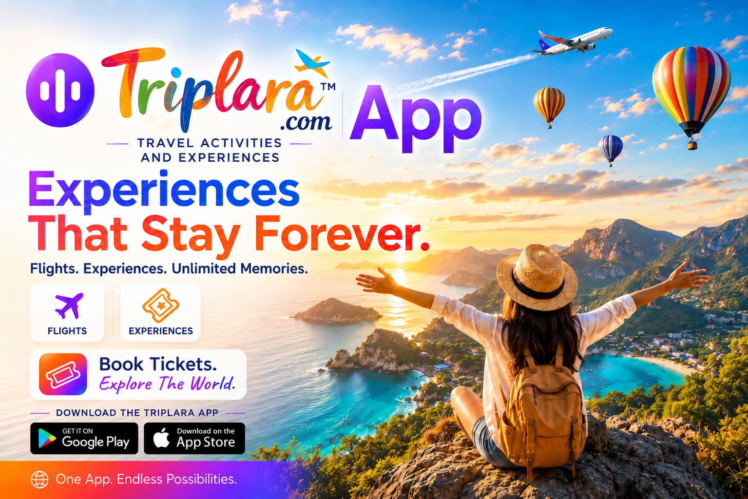 Triplara App promotion for flights, experiences, tickets, and travel memories